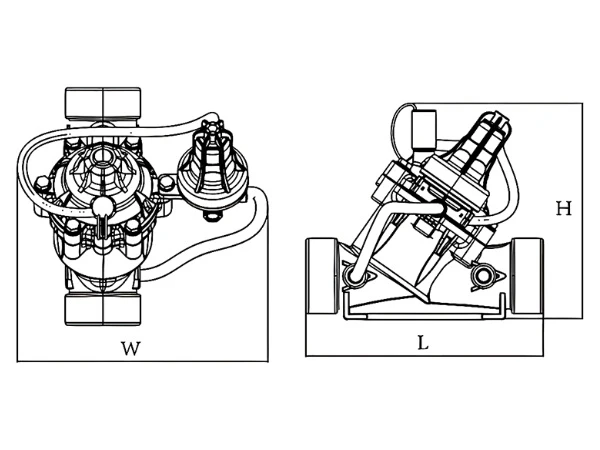 Dimensional diagram of 2 electromagnetic pressure reducing valves