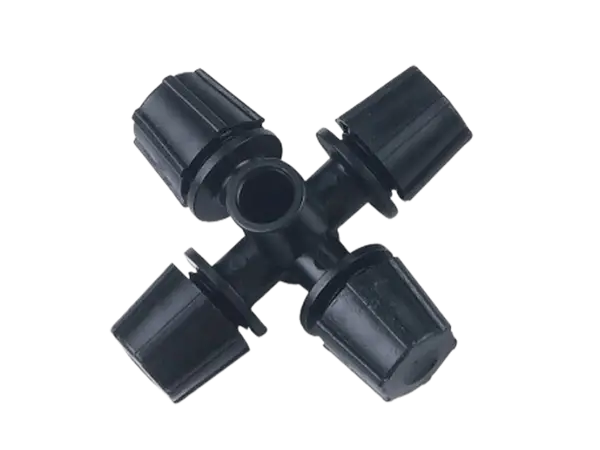 A black four-head atomizing sprinkler