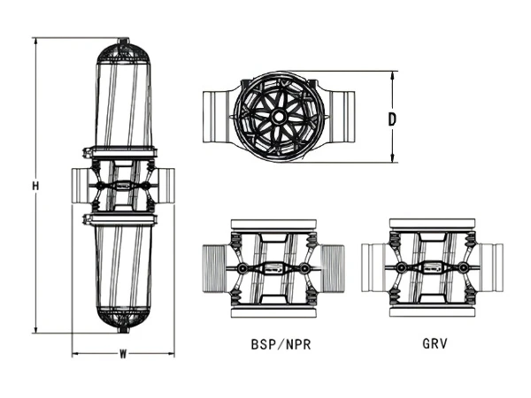 Dimensional drawing of 2 H-type Disc Filters