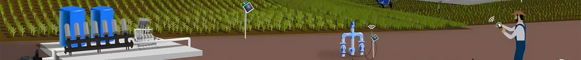 Ang isang tao ay nakatayo sa isang patlang at nagtataglay ng telepono upang subaybayan ang sistema ng irigasyon sa lupa.