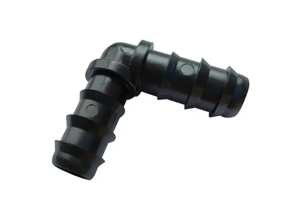 A black irrigation pipe elbow connector