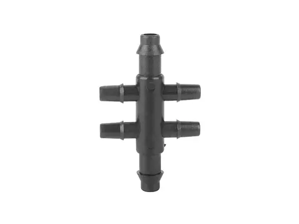 A black irrigation six-way distributor
