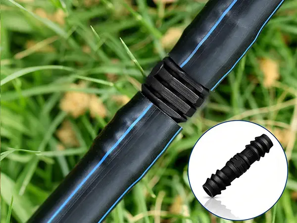 An irrigation connector connects two drip irrigation pipes.