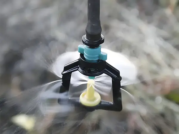 A square refractive micro sprinkler is spraying water,