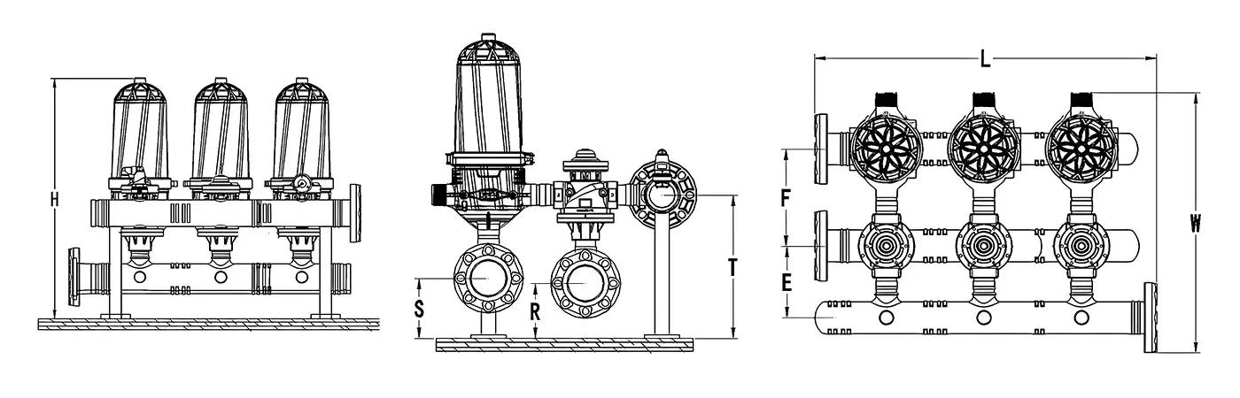 3 T-type automatic backwash disc filter size diagrams